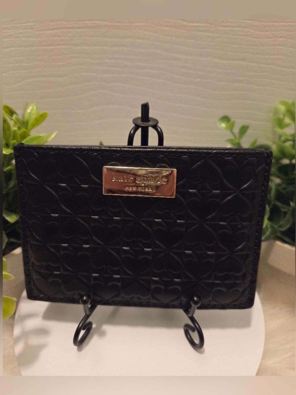 kate spade Quilted Black Patent Leather Card Wallet with Gold Plate